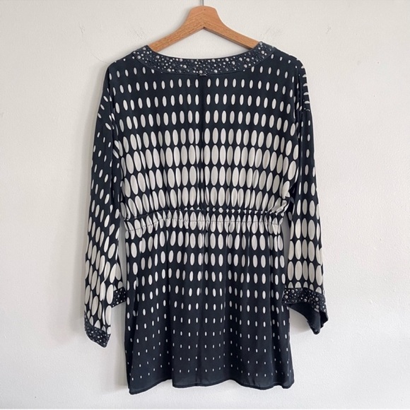 St. John Long Sleeve Silk Mini Dress Black White Dot Print Studded V Neck Size P - Picture 3 of 15